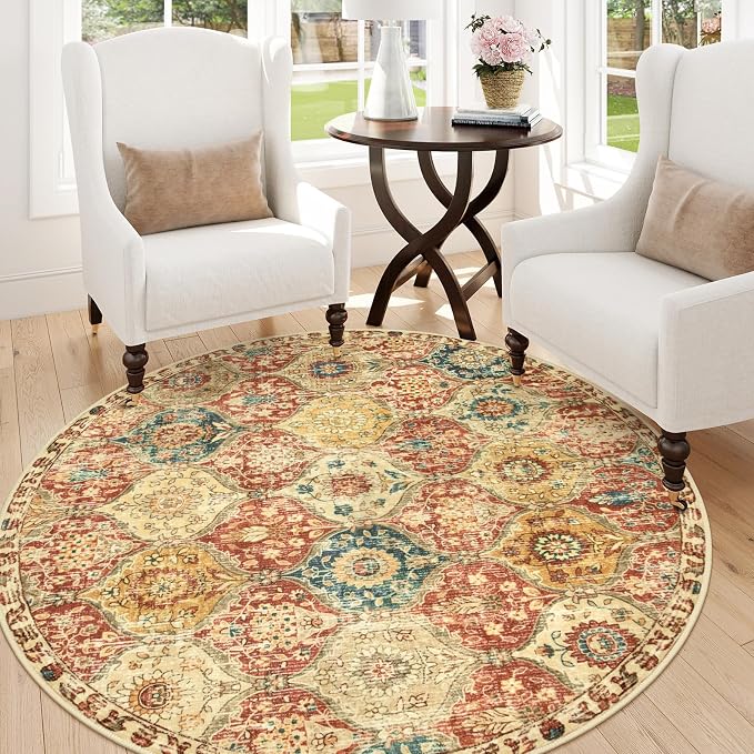 Lahome Moroccan Trellis Washable Round Rugs, Non-Slip Soft Round Rug 4ft