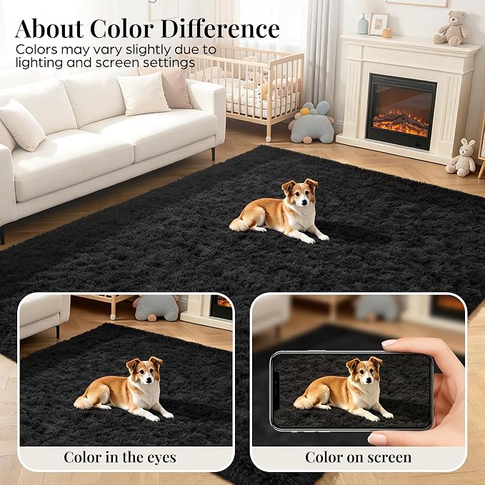 8x10 Area Rugs for Living Room Bedroom: Soft Fluffy Black Shag Upgrade Non-Slip