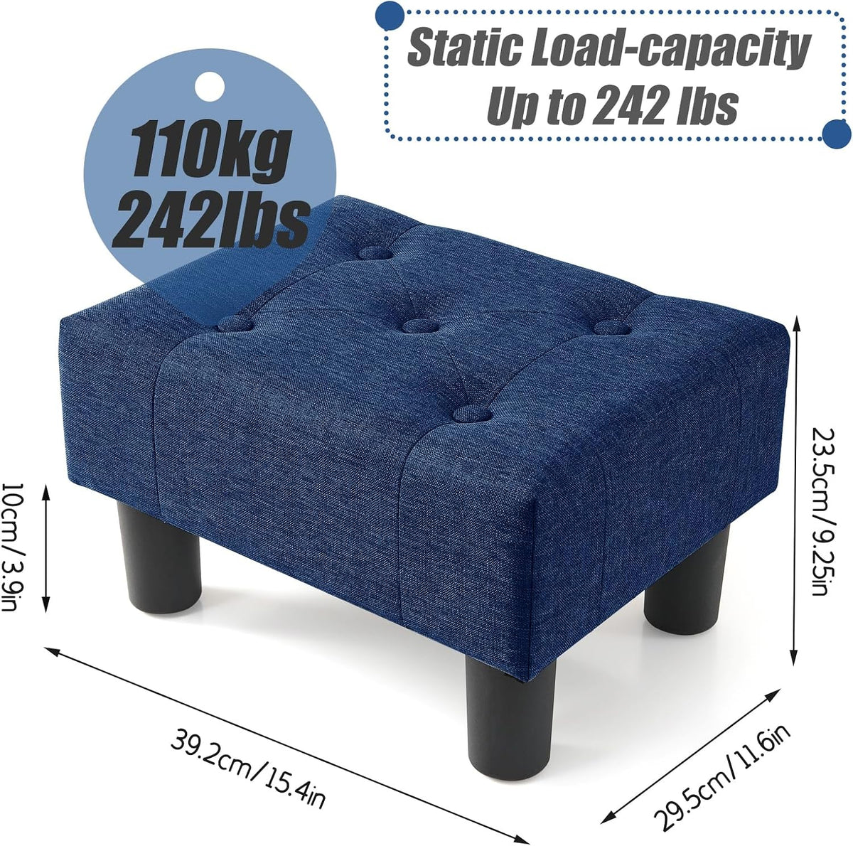 BRIAN & DANY Small Foot Stool, Linen Foot Stools with Legs, Stable Small Footstool for Living Room, Blue