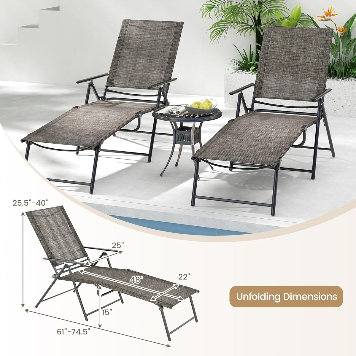 GIANTEX Lounge Chair Outdoor Set of 2 - Tanning Chair with 6 Adjustable Backrest, 2-Level Footrest, Folding Sunbathing Lounger for Patio, Poolside, Yard, Chaise Lounge Chair, Beach Chair (Brown)