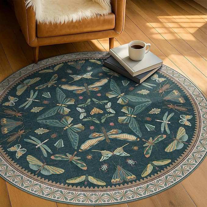 Teal Boho 4ft Round Area Rug, Washable Non Slip Insect & Floral Carpet
