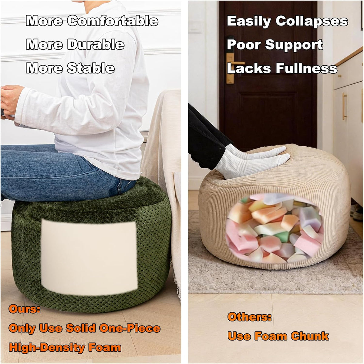 20"x14" Round Foam Stuffed Pouf Ottoman, Under Desk Footrest,Deep Green