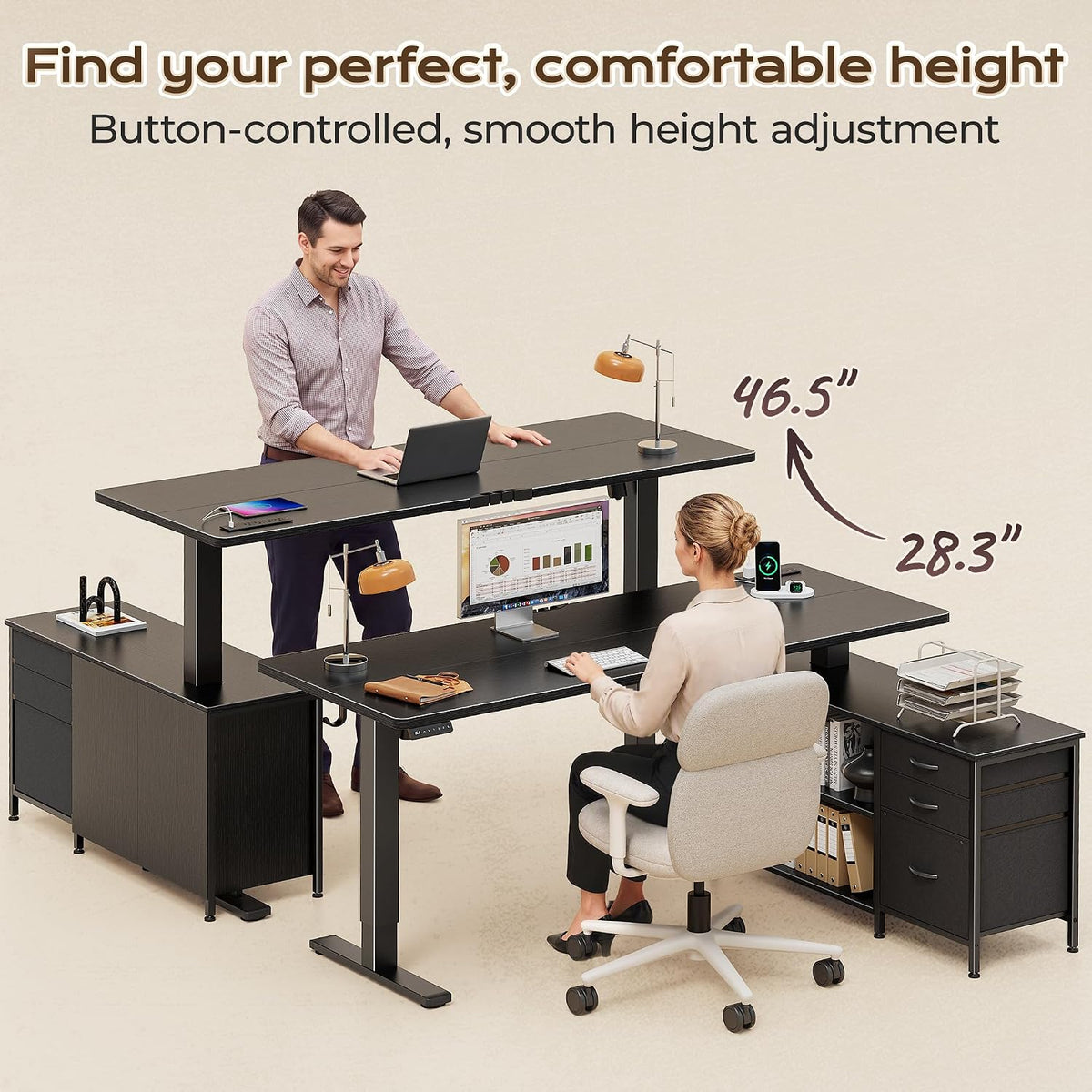 PRAISUN 55.1'' L Standing Desk with Outlets, Cabinet with Shelves, Drawers