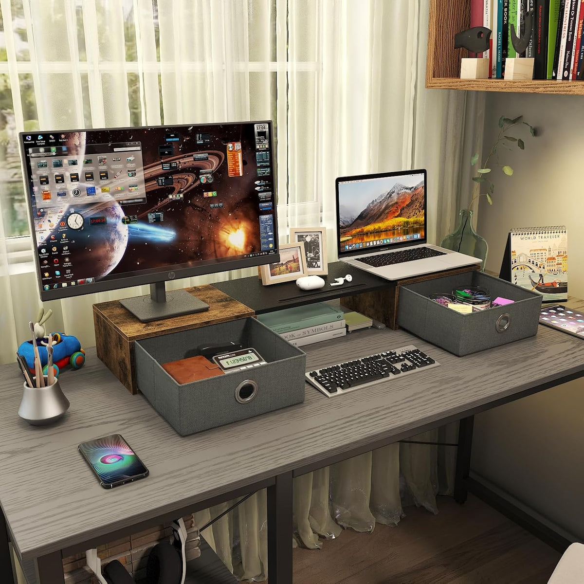 WESTREE Dual Monitor Stand Riser with Two Drawers, Extra Large Storage Monitor Stand for 2 Monitors, Desktop Organizer Stand Storage for Computer,Laptop,Screen,Printer,TV