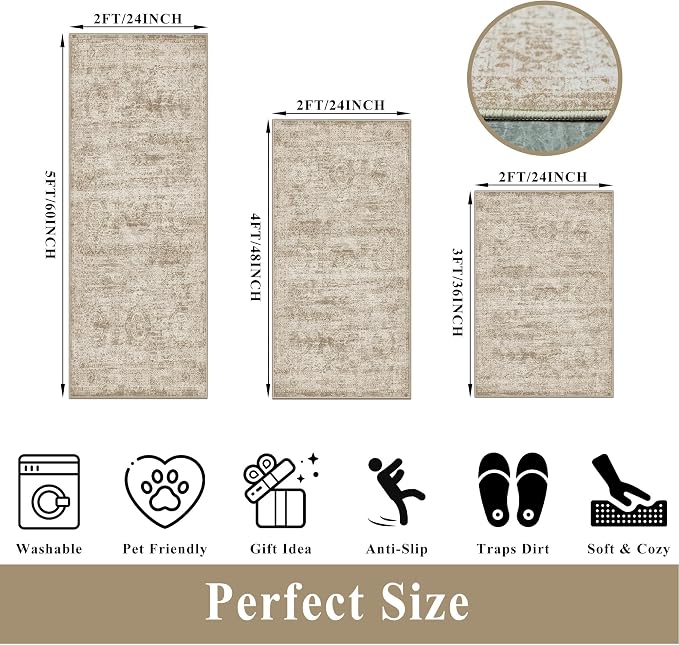 Kitchen Rugs Sets of 3, Washable Non-Slip Kitchen Mats