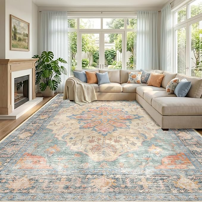 RELEANY Area Rugs Large 10'x12' Washable Non-Slip, Floral Vintage Distress