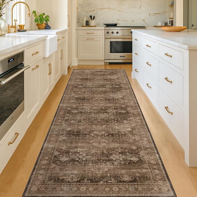 Hazo Haus Brown Earthy Boho Washable 3x10 Extra Long Hallway Runner Rug