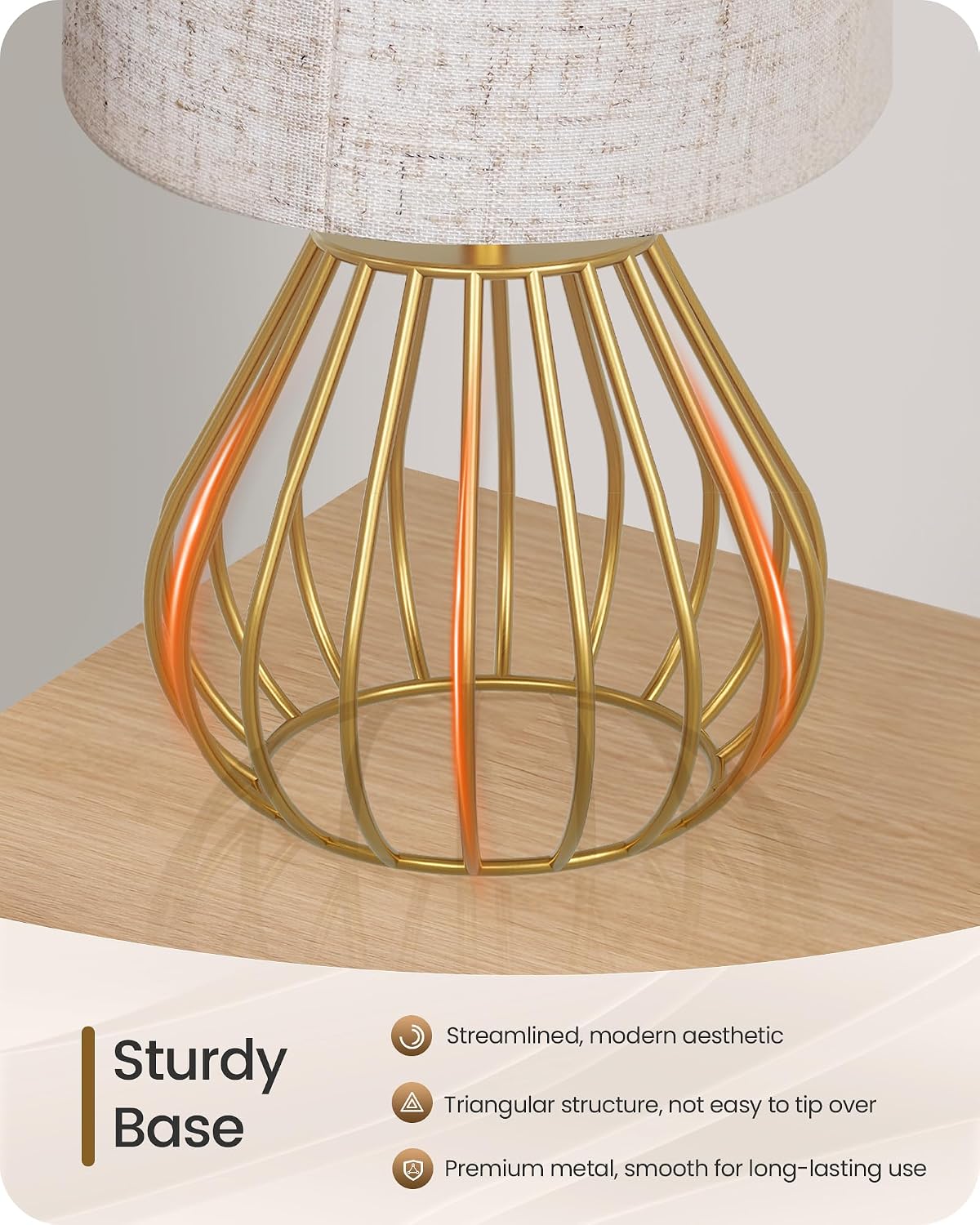 Gold Table Lamp, 12.6'' Small Table Lamp with Beige Linen Lampshade & Gold Cage Base, Modern Little Cute Desk Lamp, Bedside Lamp for Bedroom, Living Room, 2700K LED Bulb Included, DE06TL05