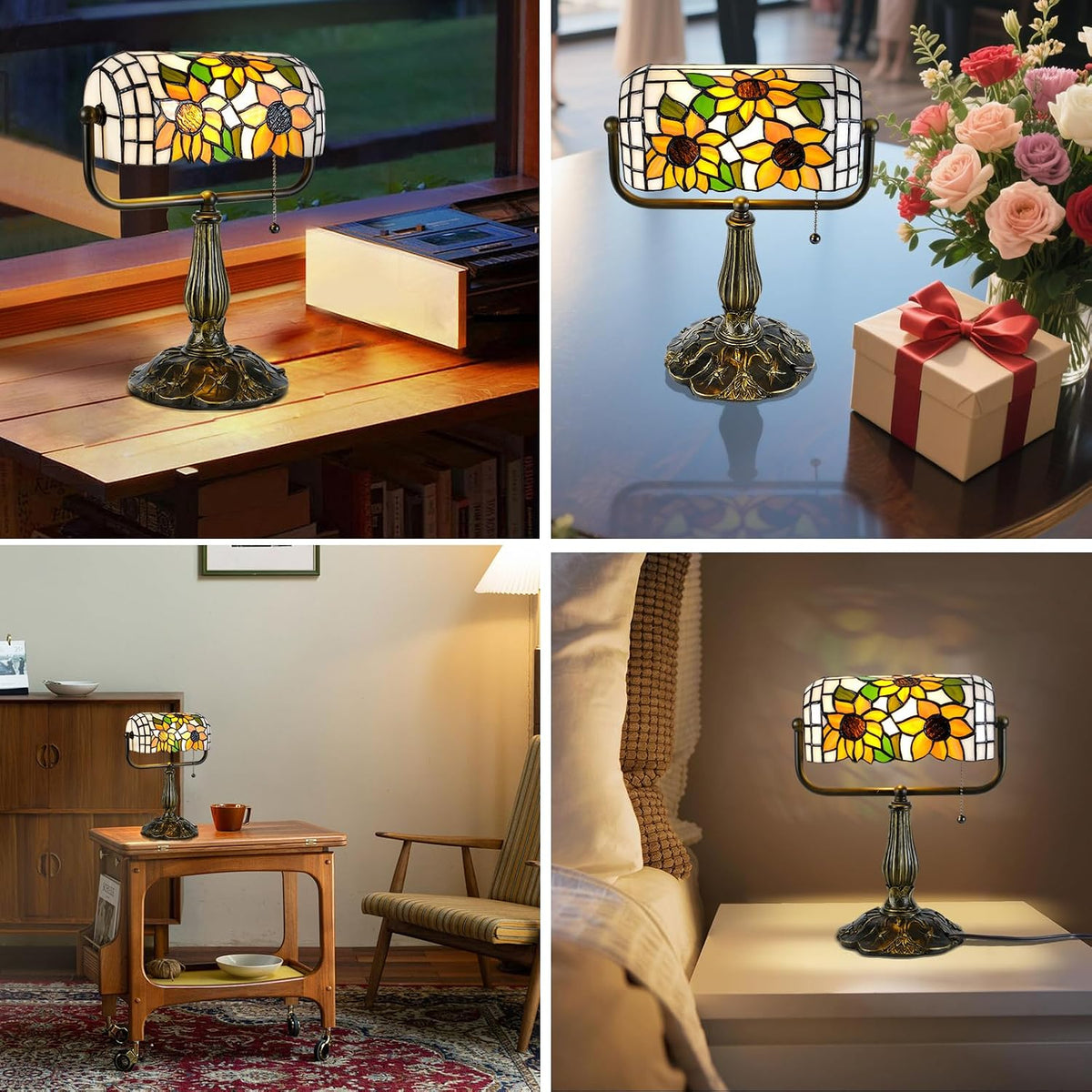 Bankers Desk Lamp, Sunflower Stained Glass Piano Light
