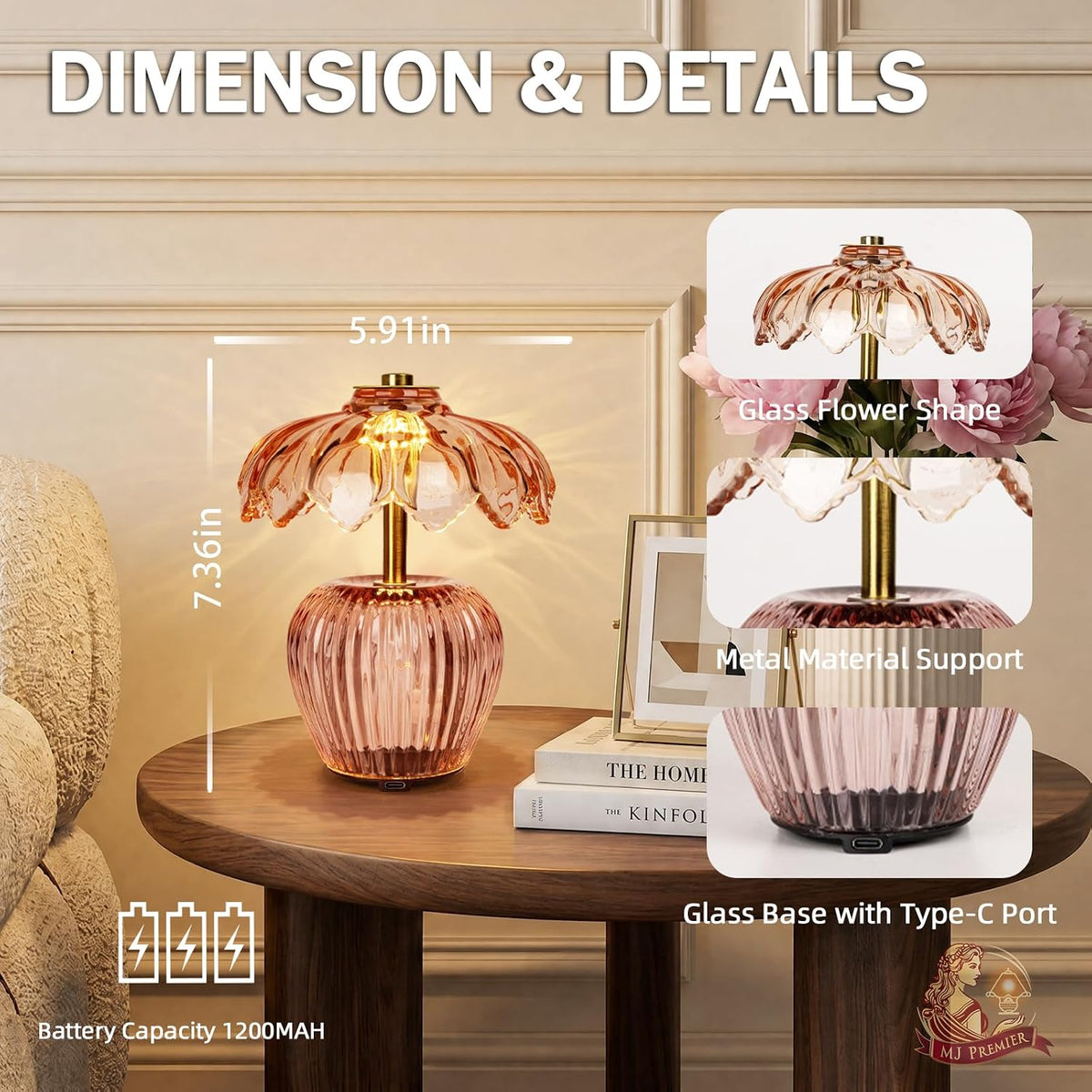 MJ PREMIER Rechargeable Table Lamp, Small Cordless Lamp with Timer, Pink