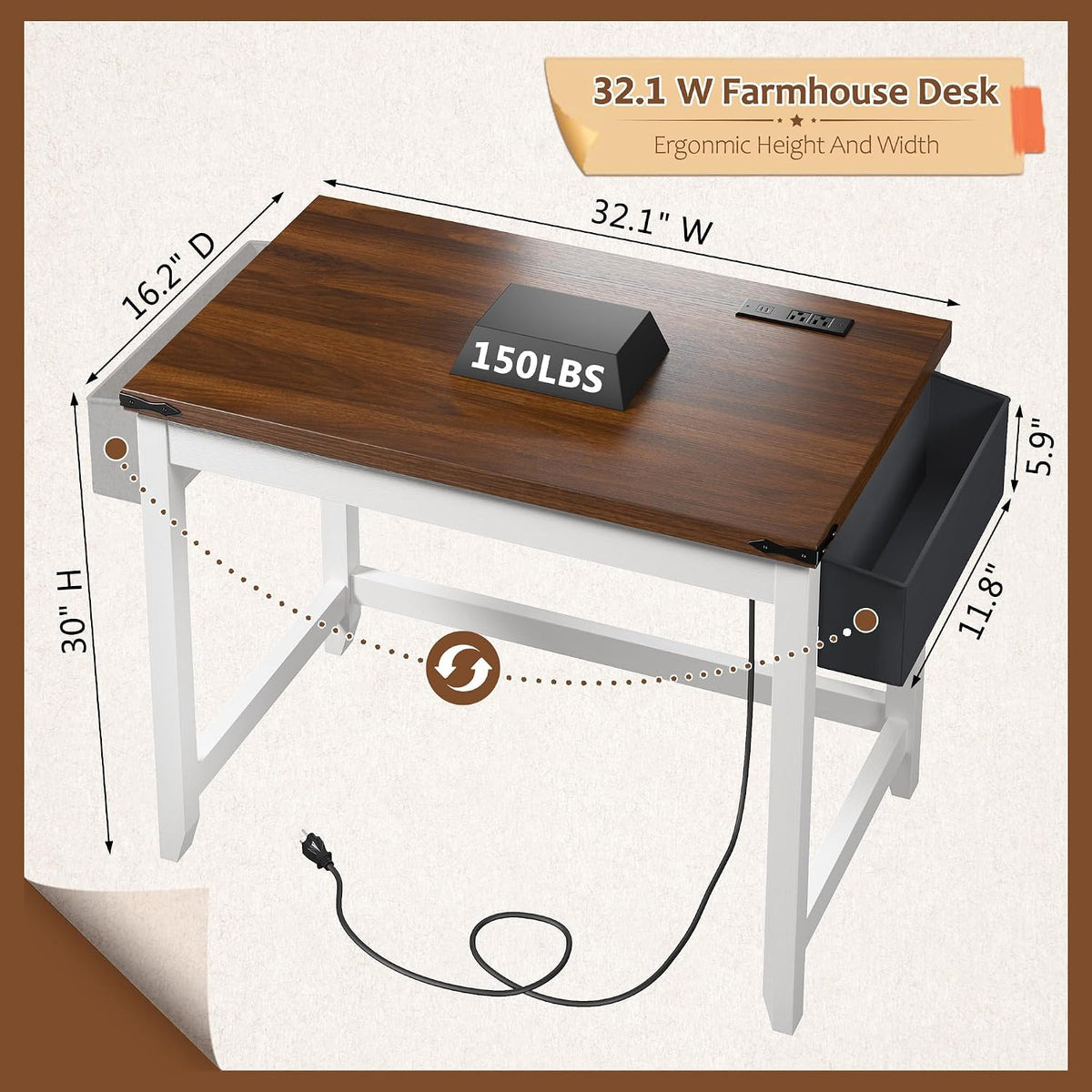 EnHomee 32"Farmhouse Writing Desk with Power Outlet,Storage Bag for Bedroom