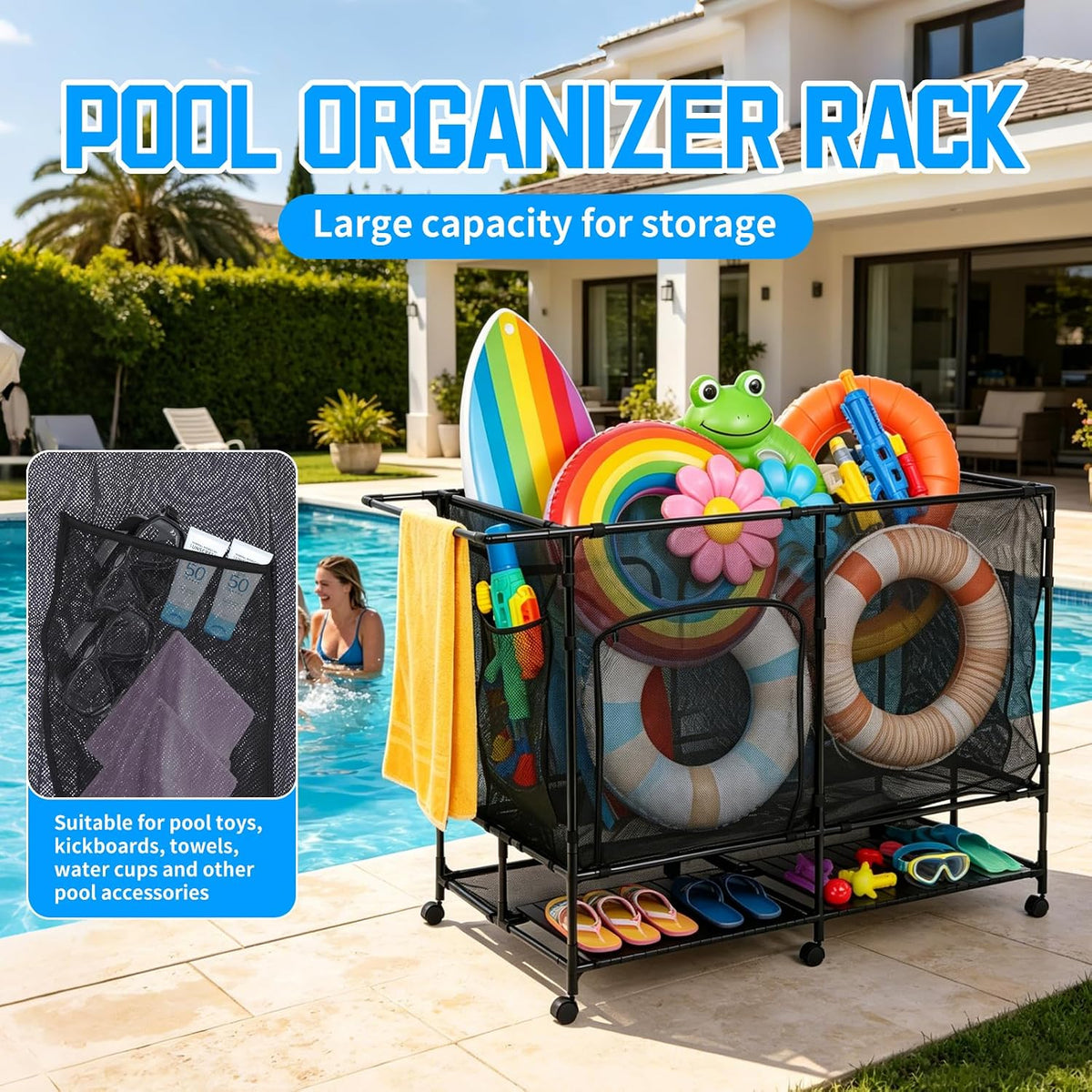 pool float organizer,Bottom Table, Zipper Doors & Rolling Wheels, Portable Easy Assembly,Storage for swim ring, water ball and water gun for Indoor Outdoor Pool Backyard Storage(L)