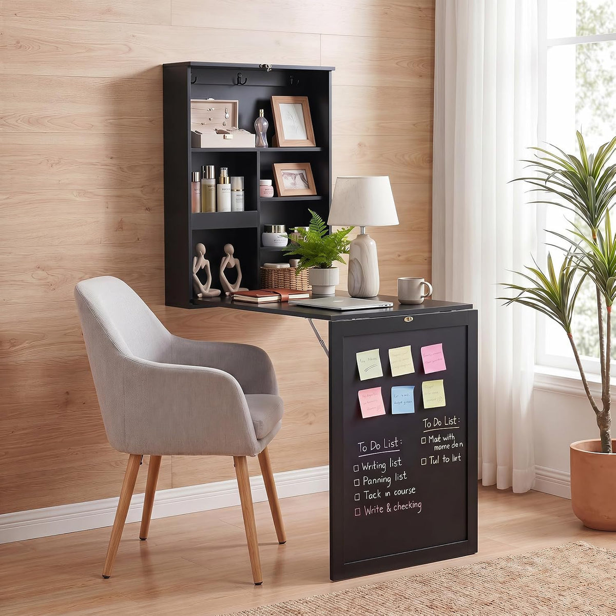 Tangkula Foldable Wall-Mounted Desk, Floating Desk with Chalkboard, Storage Shelves & Hooks, Space-Saving Murphy Table for Home Office, Bedroom, Dorm Room, Small Spaces
