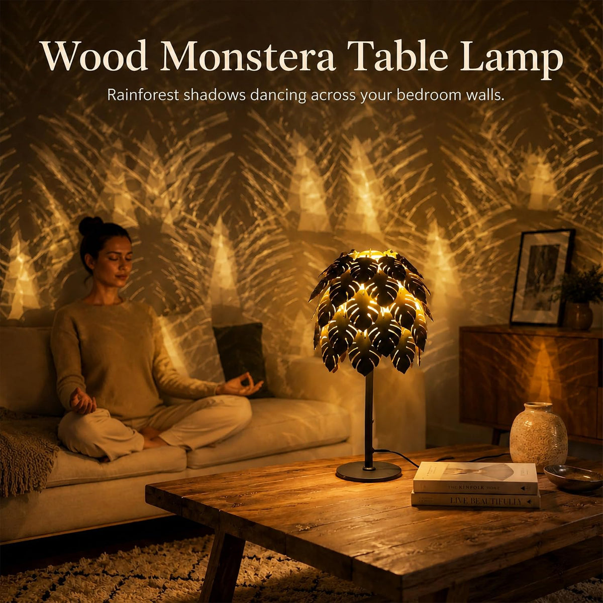 DIY Wood Monstera Table Lamp for Bedroom, Dimmable Lamp with Pull Chain