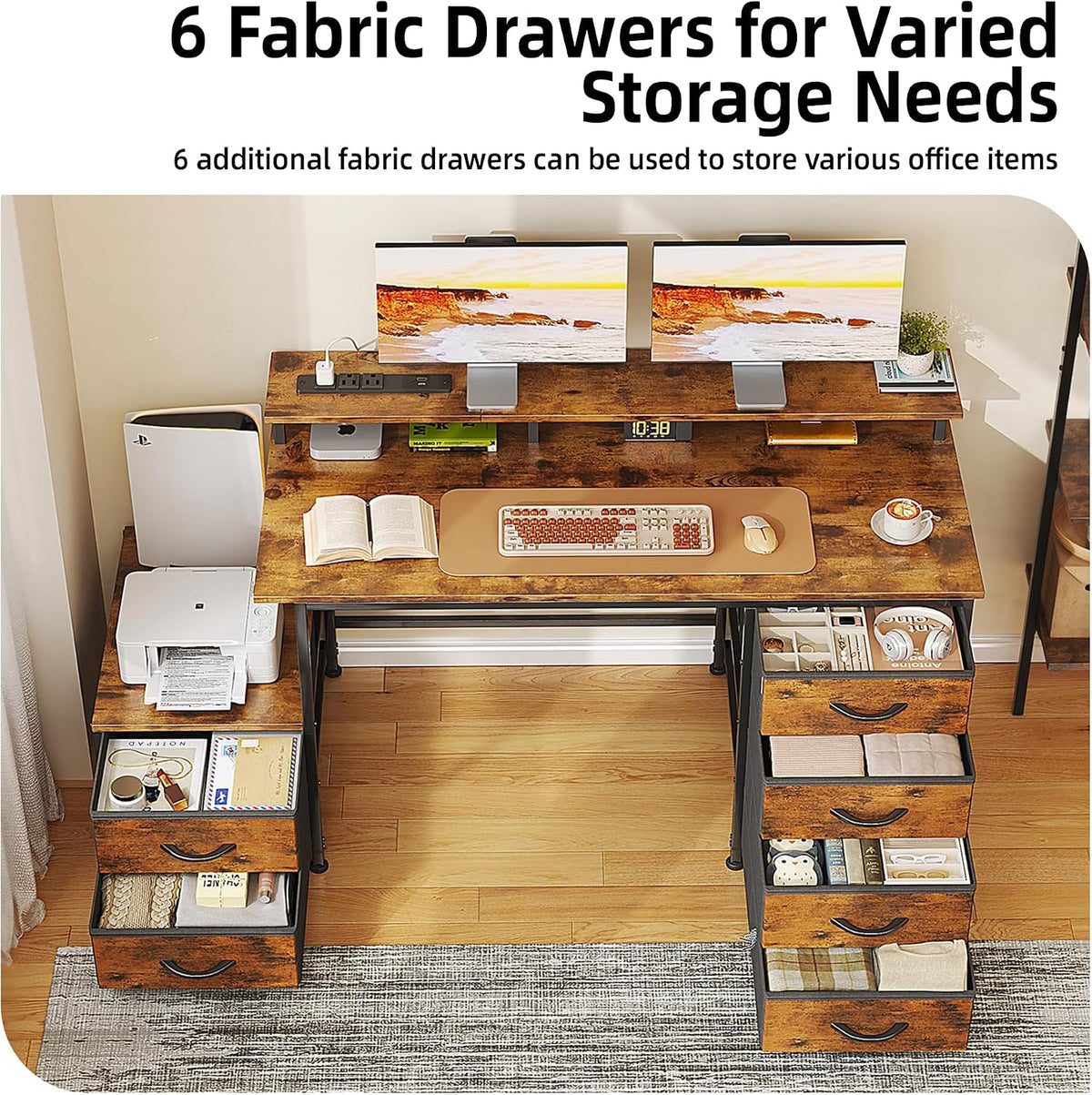 52 Inch Office Desk with 6 Drawers and Printer Space for Storage, Reversible Computer Desk with Monitor Stand & Power Outlets, Home Office Desks, Vintage Brown
