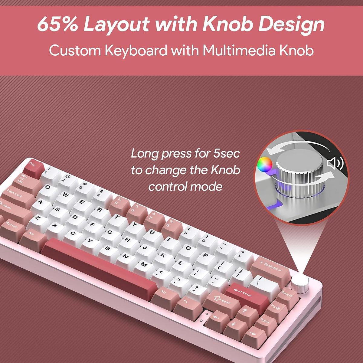 EMB Nabi Series NB1 65% Wireless Mechanical Gaming Keyboard, 66 Keys, CNC Aluminum, RGB, Hot-Swappable, 4600mAh, Milk Linear Switches, Wired/Bluetooth/2.4G (Silver/Pink)