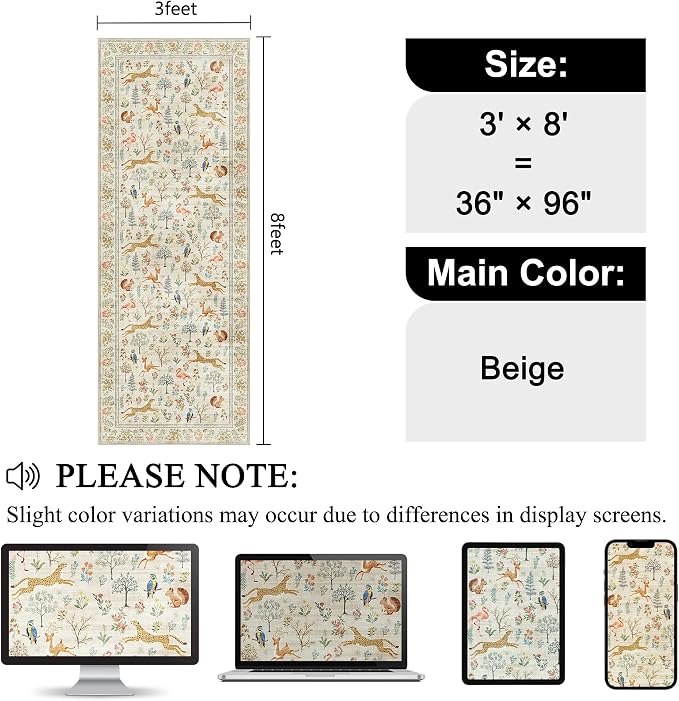 DUKINO 3x8 Washable Runner Rug, Low Pile Animal Print Non Slip Long Runner Rug