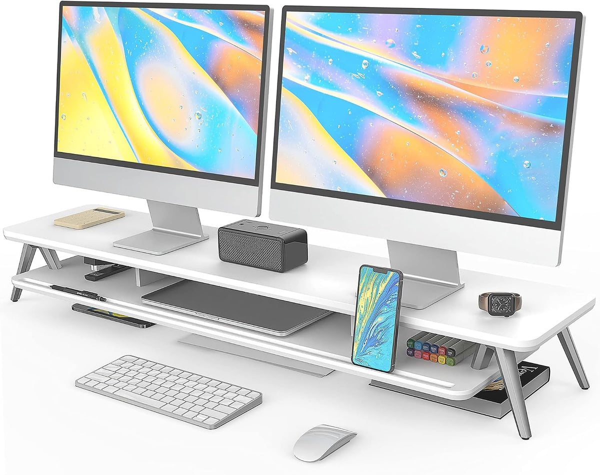 Fenge Dual Monitor Stand Riser, Wooden Desk Shelf with 2-Tier Storage