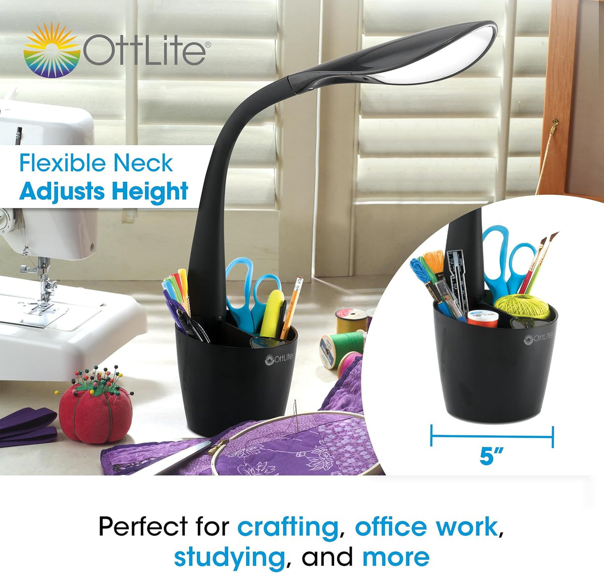 OttLite Organizer LED Desk Lamp with Storage Compartment, Black