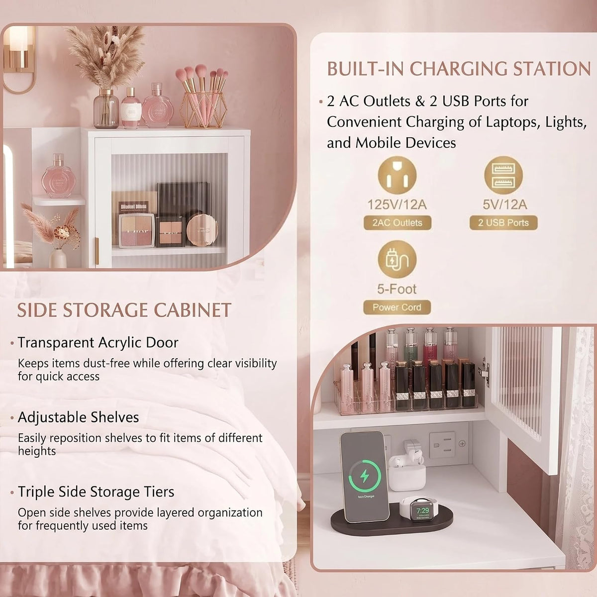 White Vanity Desk with Mirror and Lights, 49" Fluted Makeup Vanity Table with Glass Top, Charging Station, 5 Drawers, 2 Cabinet with Adjustable Shelves, Salon Station, Wood