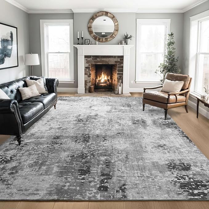 Living Room Rug 8x10 Gray Area Rugs Machine Washable Abstract Boho Large Rug