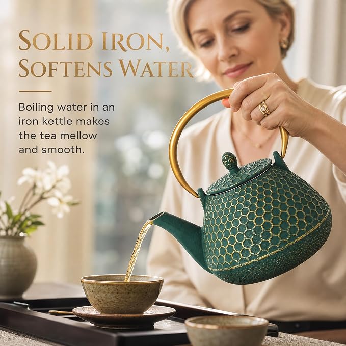 YJX 54oz Cast Iron Tea Kettle for Stovetop, Enameled Interior, Heavy and Durable