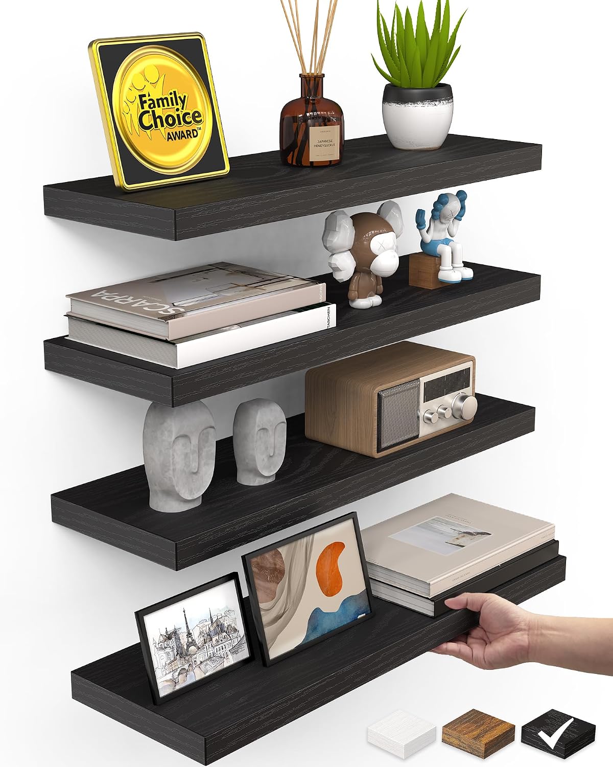 BAYKA Black Floating Shelves 15.7in, Set of 4, Wall Mount Rustic Wood Shelf