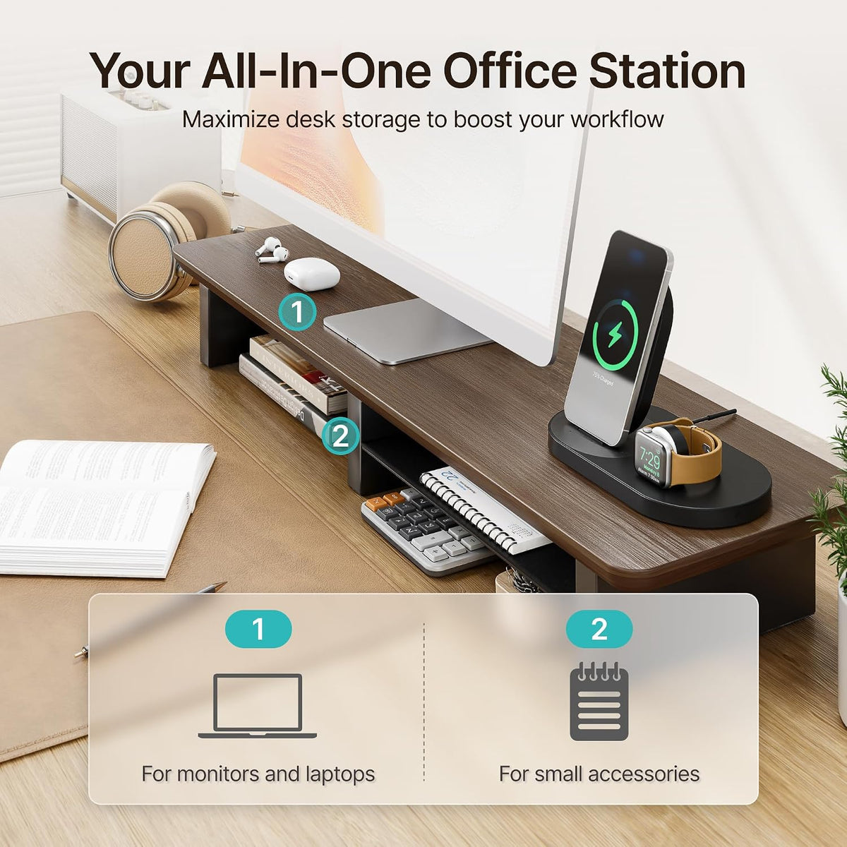 PEGZONE 31.5" Dual Monitor Riser, Metal Shelf Wooden Desk Organizer