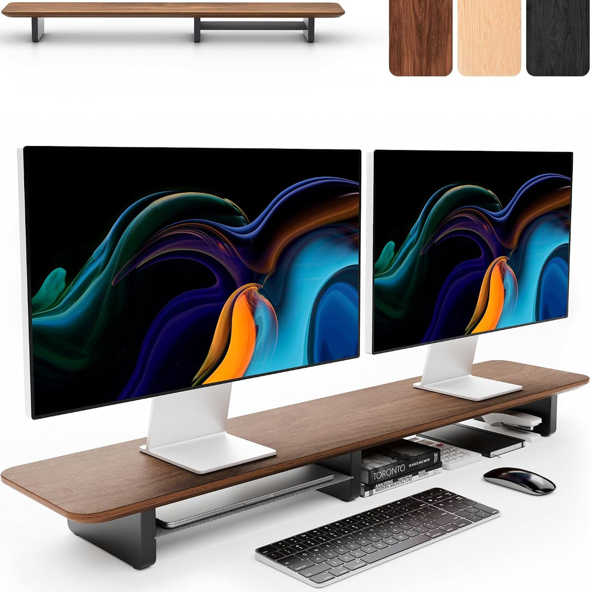 KIVY Dual Monitor Riser with Integrated Metal Shelf - Wooden desk shelf