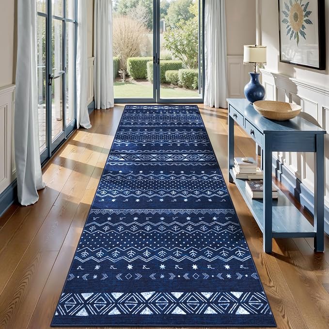 SERISSA Hallway Runner Rug, 2x10 Washable Non-Slip Blue and White Boho Rug