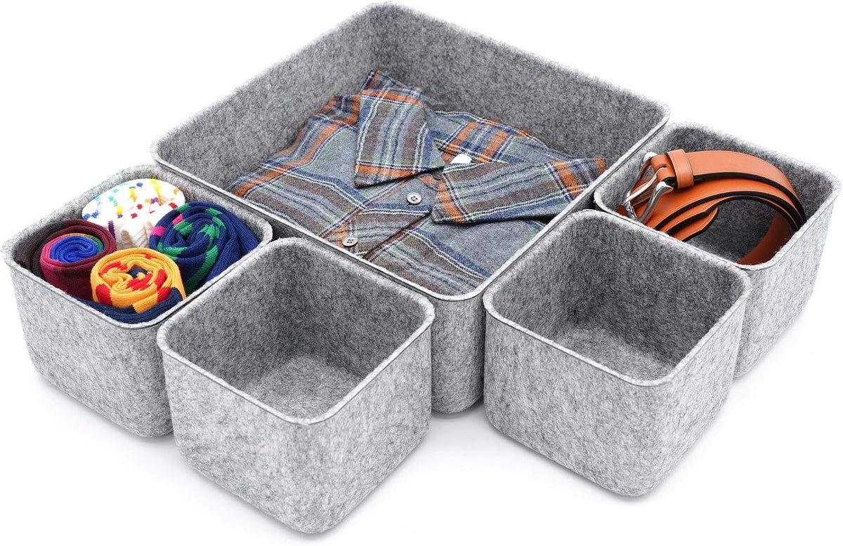 Welaxy Desk Organizers Storage bins Set Office Drawer Organizers Pen holder pencil cup phone stand sticky note storage Closet Cabinet boxes Organizing 5-piece Pack (Gray)