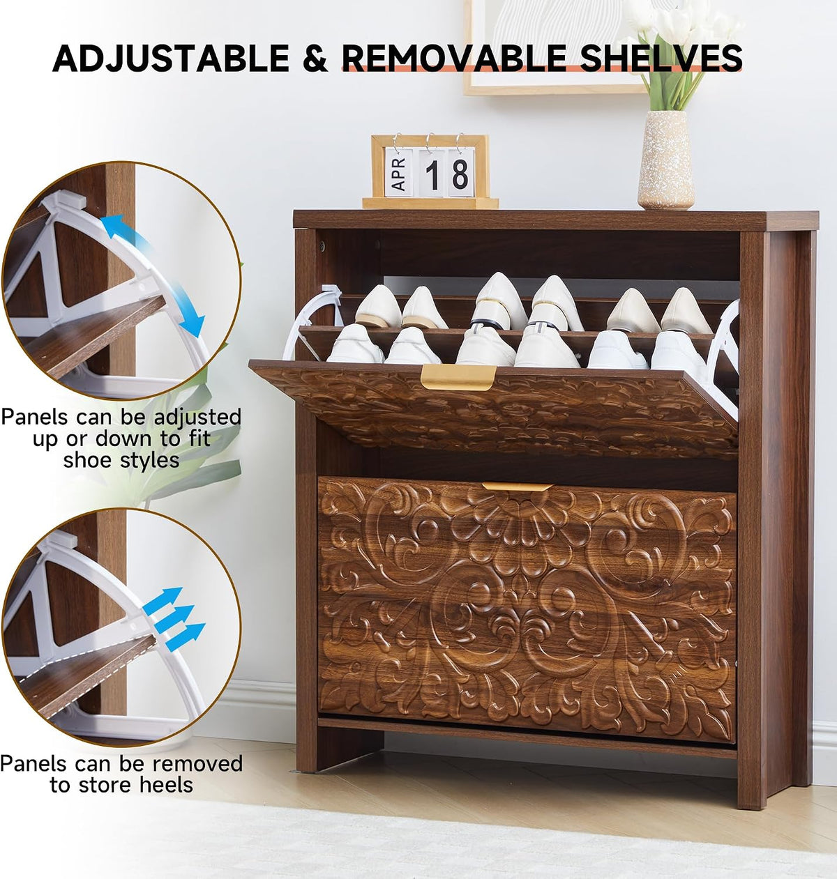 Shoe Cabinet with Flip Drawers, Narrow Shoe Storage Cabinet, 2-Tier Hidden Shoe Organizer with Floral Embossed for Entryway, Mid-Century Modern Slim Shoes Storage for Hallway Foyer (1, Walnut)