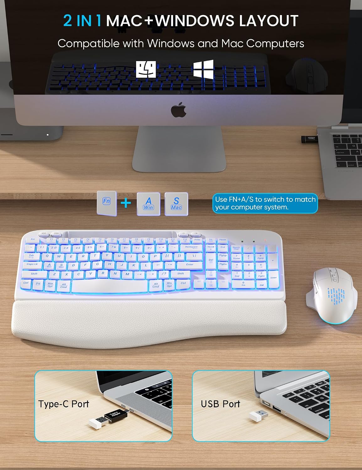 SABLUTE Wireless Keyboard and Mouse Combo, Ergonomic Wave with Wrist Rest