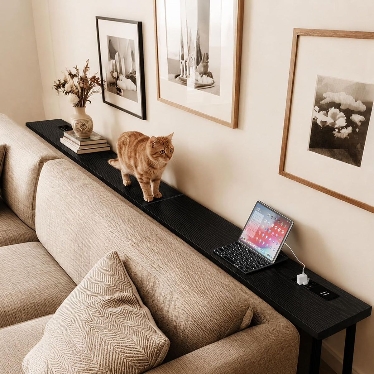 GRLEAF 90 Inch Narrow Sofa Table with Power Outlet, Extra Long Console Table Behind Couch Table with Charging Station, Skinny Entryway Table Thin Table for Living Room, Narrow Spaces (Black)