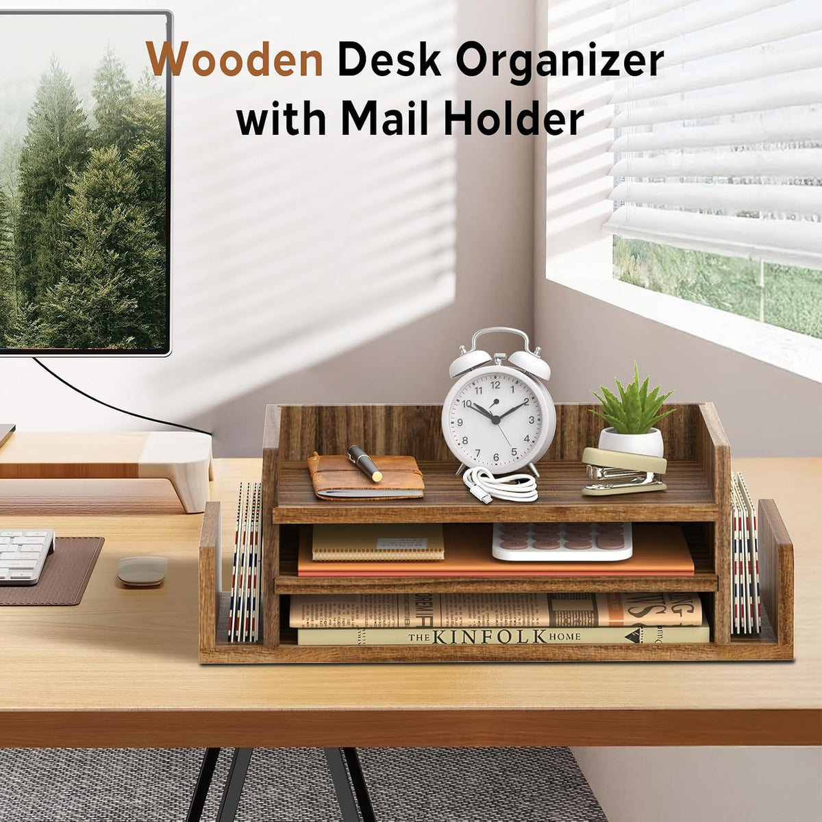 Wooden Desk Organizer, 3-Tier Paper Trays with 2 Mail Sorters, Dark Brown