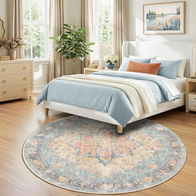 RELEANY Area Rugs Round 7ft Washable Non-Slip, Floral Vintage Distress