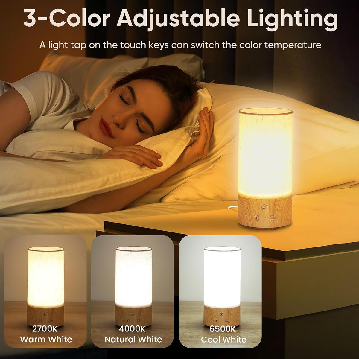 Caromolly Light Therapy Lamp, Happy Lamp 10,000 LUX UV Free with 3 Color Temperature & 5 Brightness Level, Full Spectrum Light Wood Base Round Flaxen Fabric Shade for Home, Office, White Linen