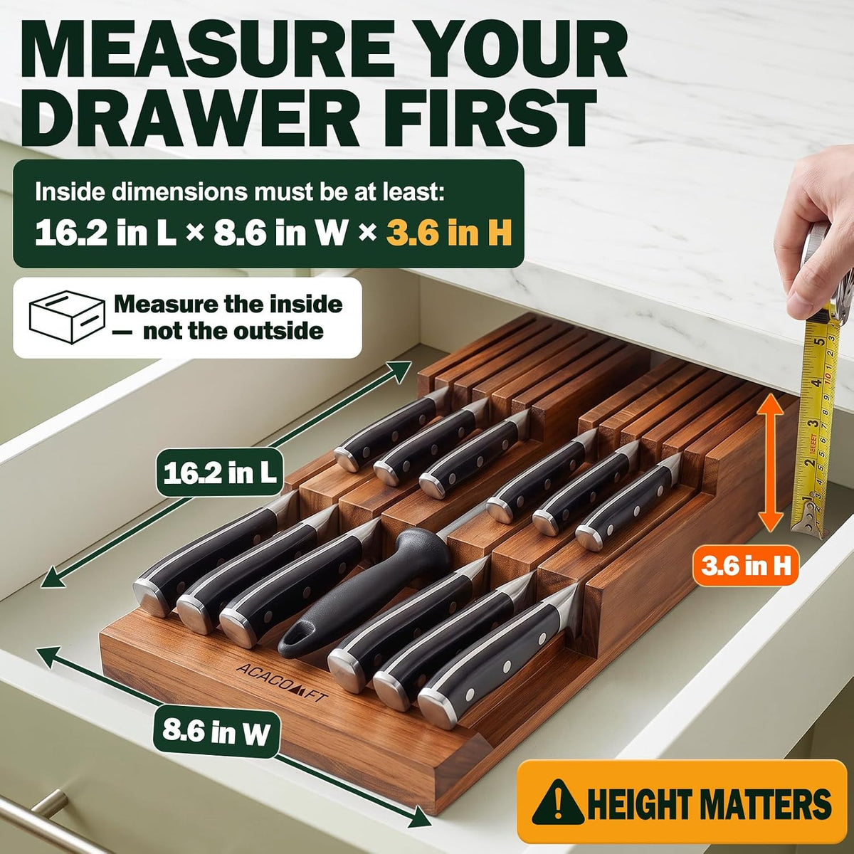 In-Drawer Knife Block without Knives, Acacia Wood Knife Drawer Organizer