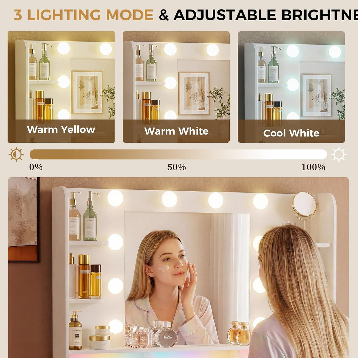LUCKRACER Vanity Desk with LED Lights Mirror & Charging Station, Makeup Vanity with Storage Drawers and Shelves, Modern Dressing Table for Women Girls Bedroom, Ivory White