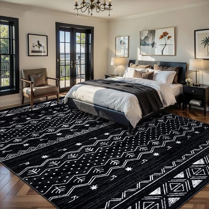 SERISSA 10x12 Area Rugs for Living Room, Washable Non-Slip Black and White Boho