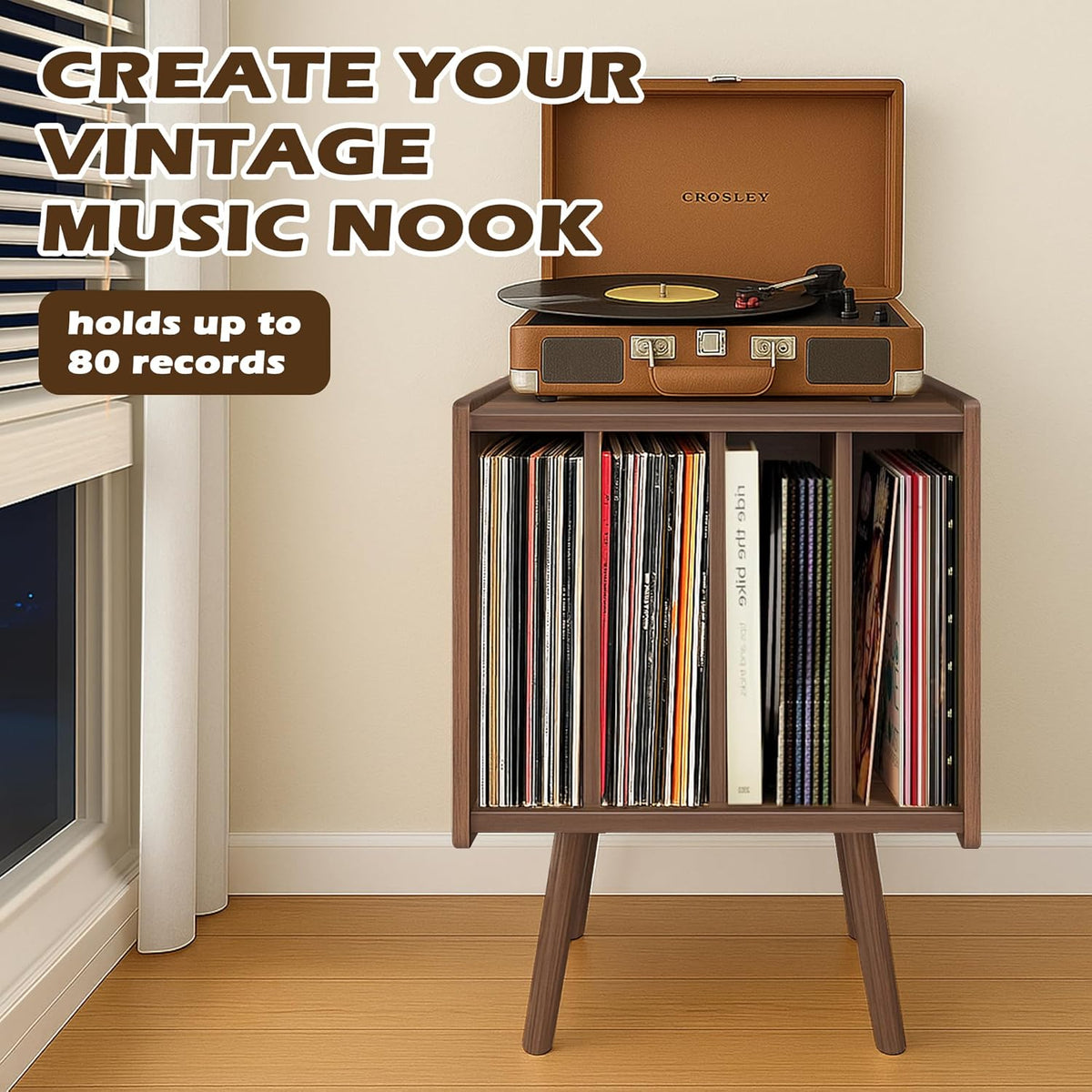 Record Player Stand, Vinyl Record Storage Table with 4 Cabinet, Mid Century Modern Turntable Stand, Organizer Vinyl Table for Bedroom Living Room, Walunt