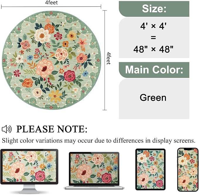 DUKINO Floral Round Rug, 4ft Washable Round Area Rug, Non Slip Indoor Low Pile