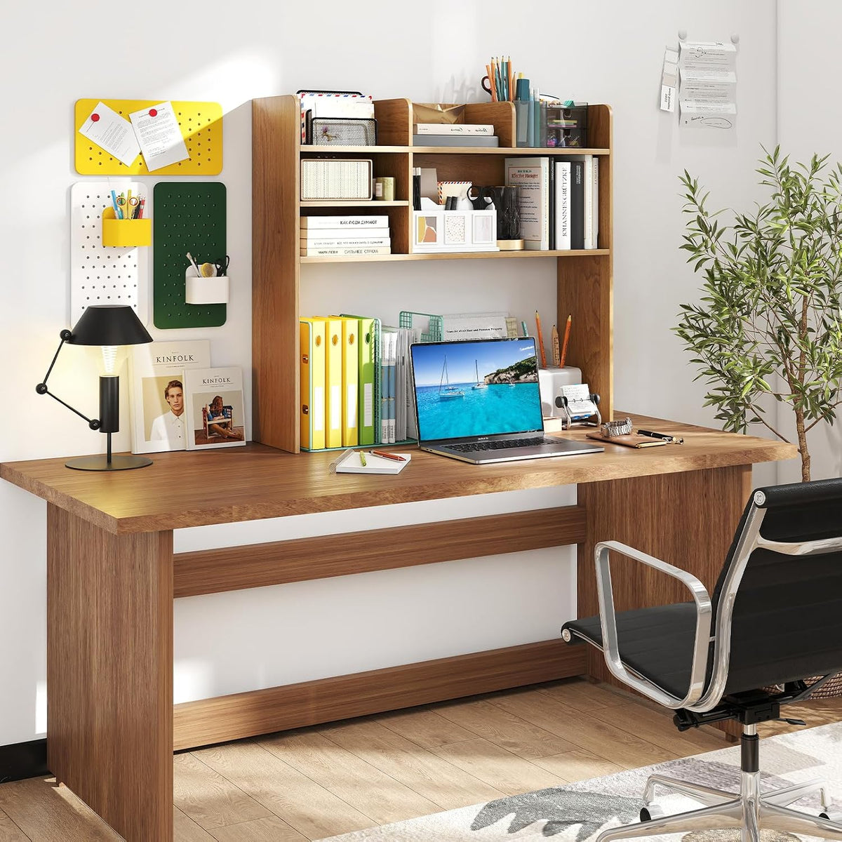 GIANTEX Desktop Bookshelf, 37" Desk Hutch Dorm for Computer Up to 32 Inch, Countertop Hutch w/6 Storage Shelves, 3-Tier Desktop Organizer Display Rack, Wood Desk Shelf for Home Office (Natural)
