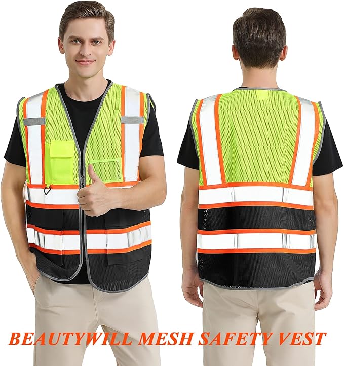 BeautyWill Custom Mesh Safety Vest Customized Logo Class2 High Visibility Reflective Vest with Pockets Construction workwear（Yellow Black，4XL ）