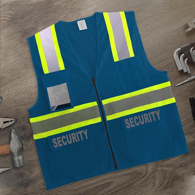 Security Vest for Security Guard, Safety Vest with Pockets, High Visibility Work Vest with Reflective Strips, Mesh Design, ANSI Compliant, Blue, L