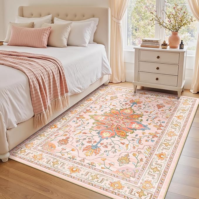 RELEANY Area Rugs 4'x6' Washable Non-Slip, Floral Vintage Distress Medallion
