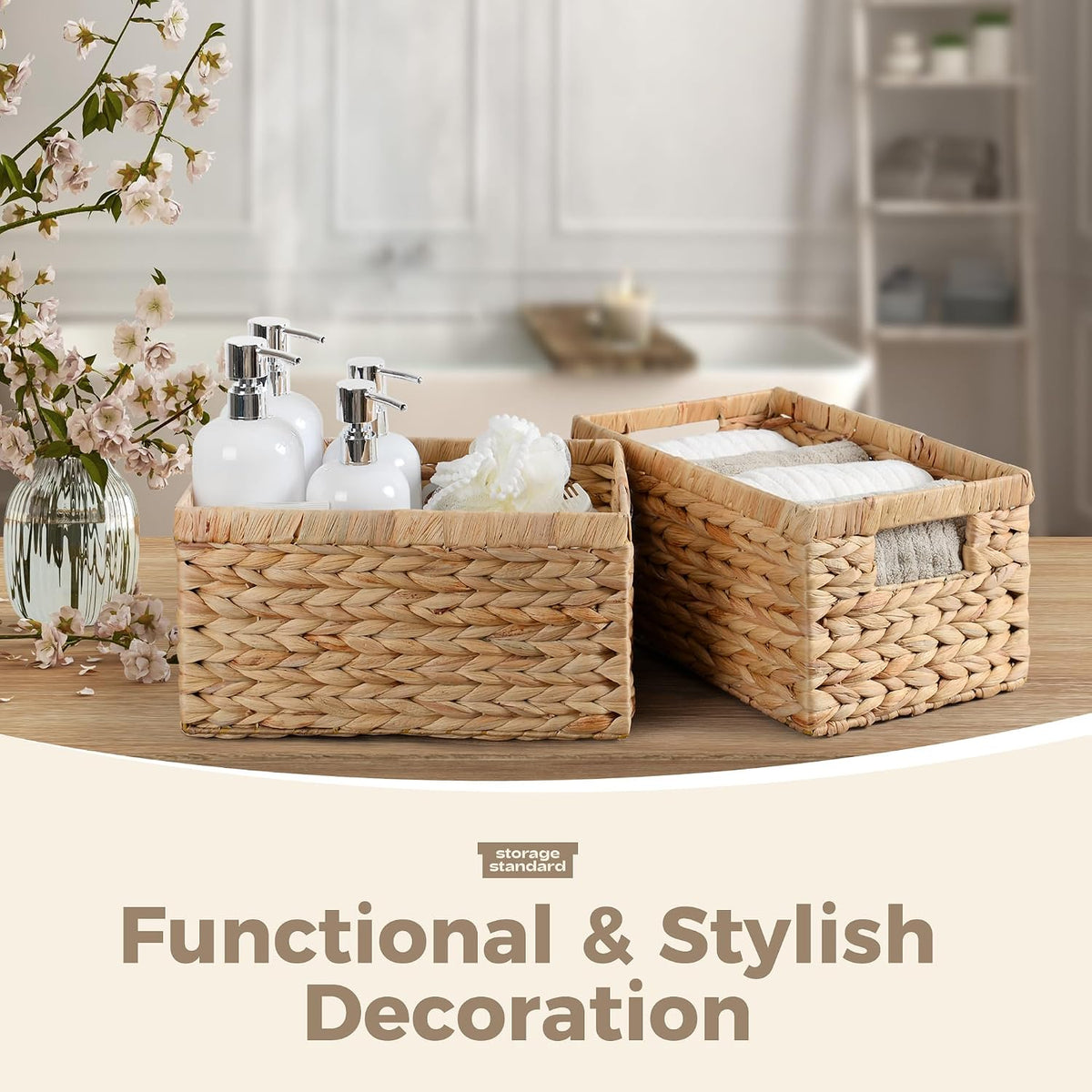 Set of 2 Wicker Shelf Storage Baskets for Organizing - Natural Durable Water Hyacinth Woven Basket Pantry Bin Organizers for Shelves with Handles for Home & Decor Organization, 12.5” x 8” x 6.5”