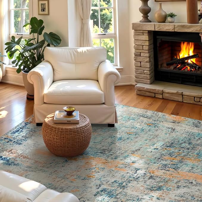 Entryway Rug 3x5 Blue Bedroom Area Rug Washable Non Slip Abstract Boho Rugs