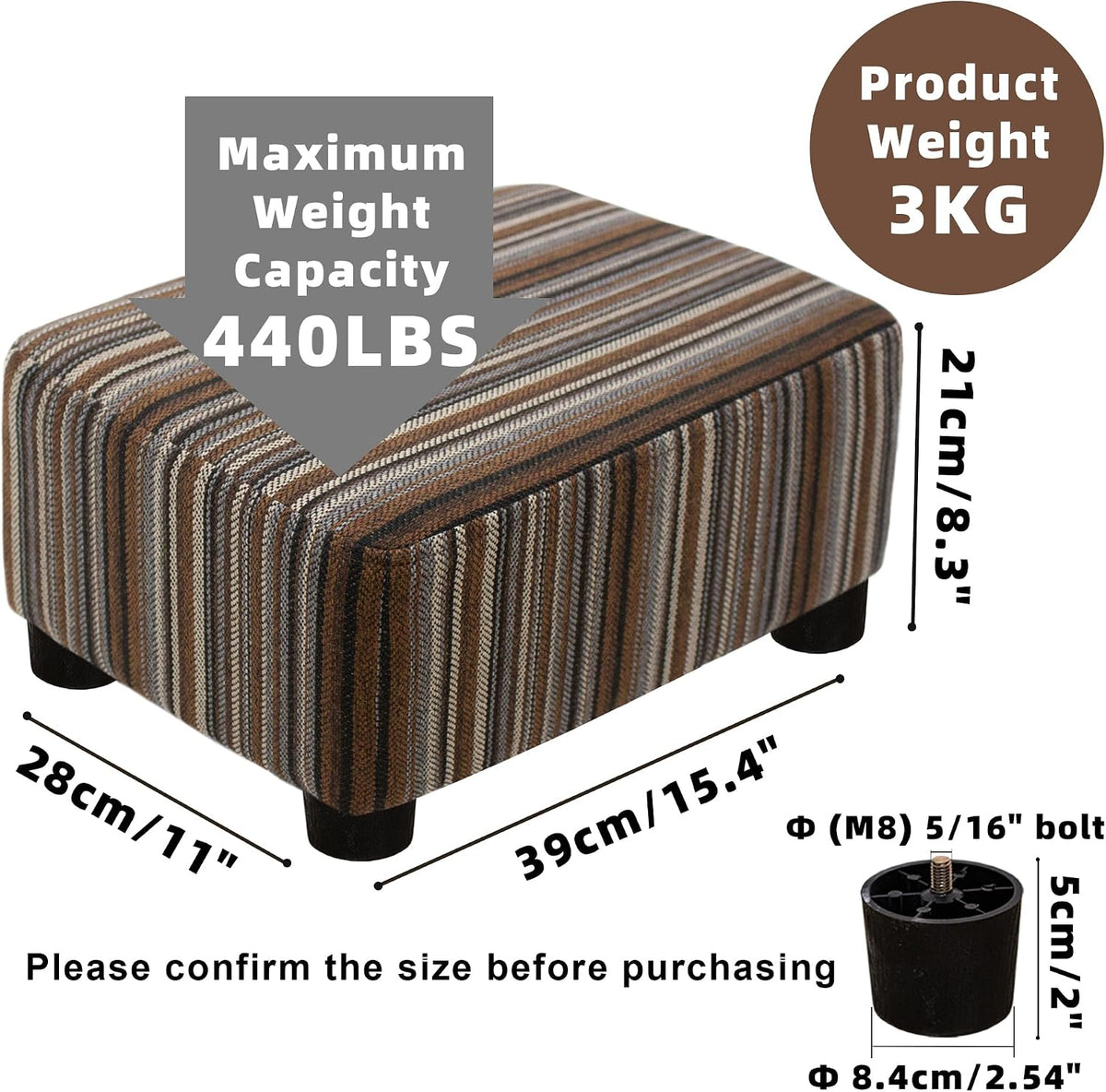 CAROLMADE Small Foot Stool Ottoman Footstool with Legs Under Desk Footrest for Living Room Bedroom and Office,Linen-Stripe Brown