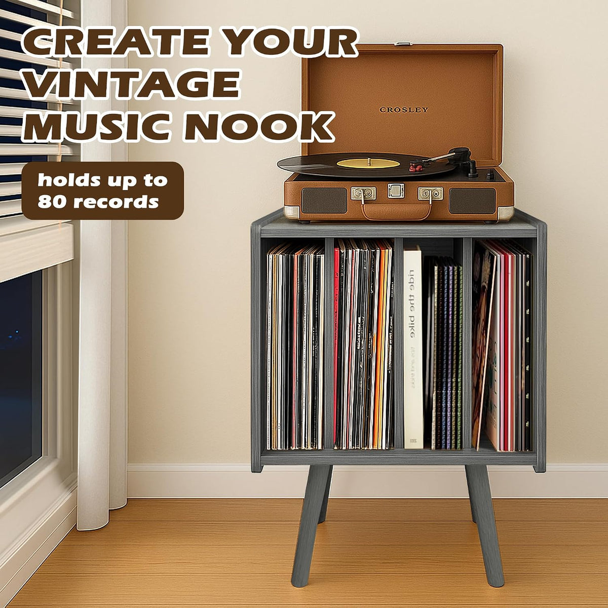Record Player Stand, Vinyl Record Storage Table with 4 Cabinet, Mid Century Modern Turntable Stand, Organizer Vinyl Table for Bedroom Living Room, Eucalyptus